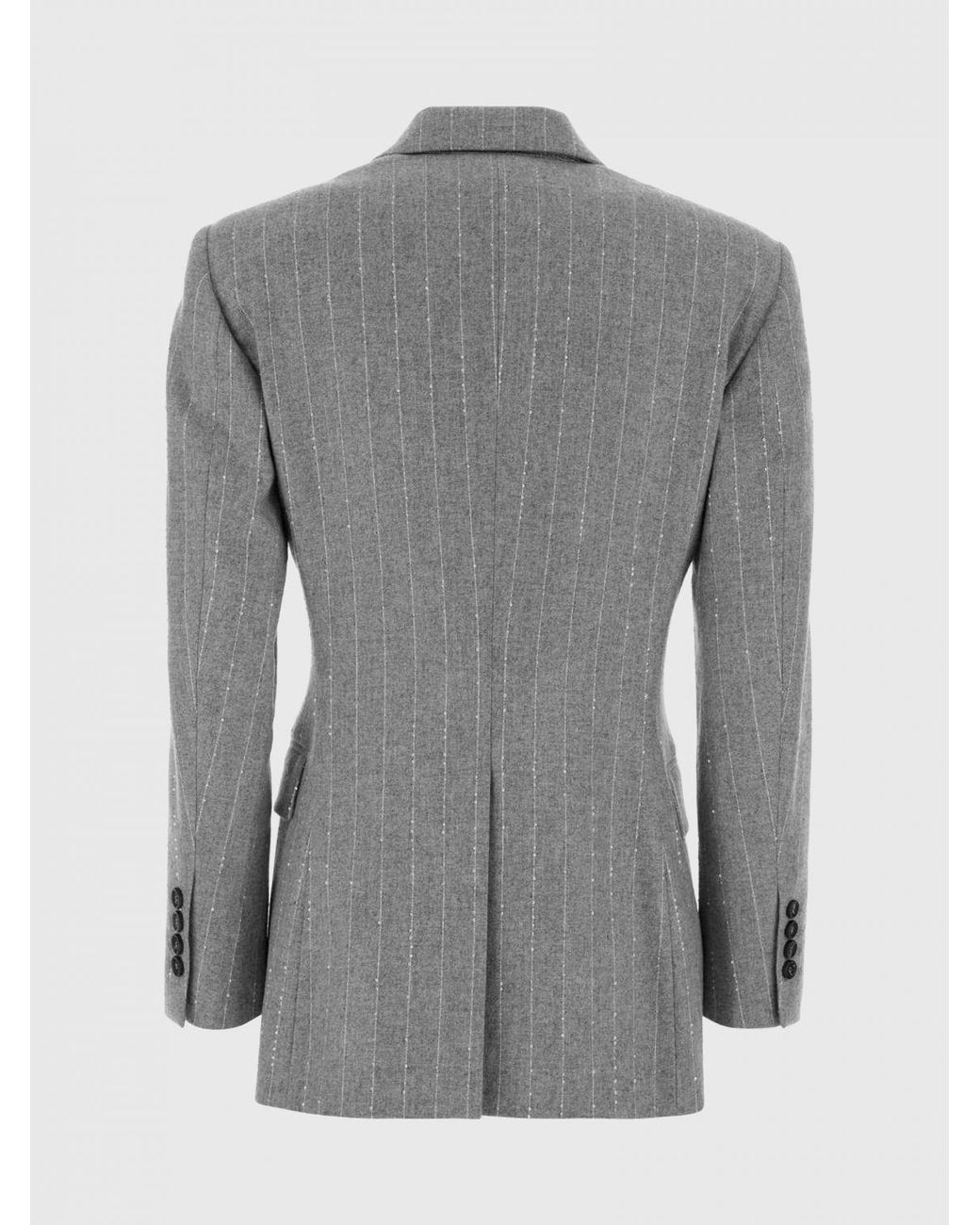 Brunello Cucinelli Gray Pinstripe Wool Short Double-Breasted Blazer With Sequins