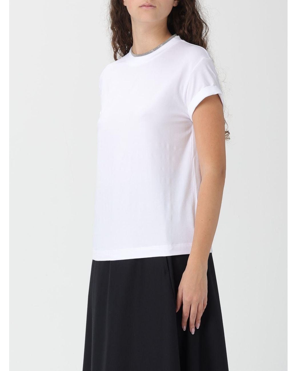Brunello Cucinelli White Basic Cotton T-Shirt With Monile