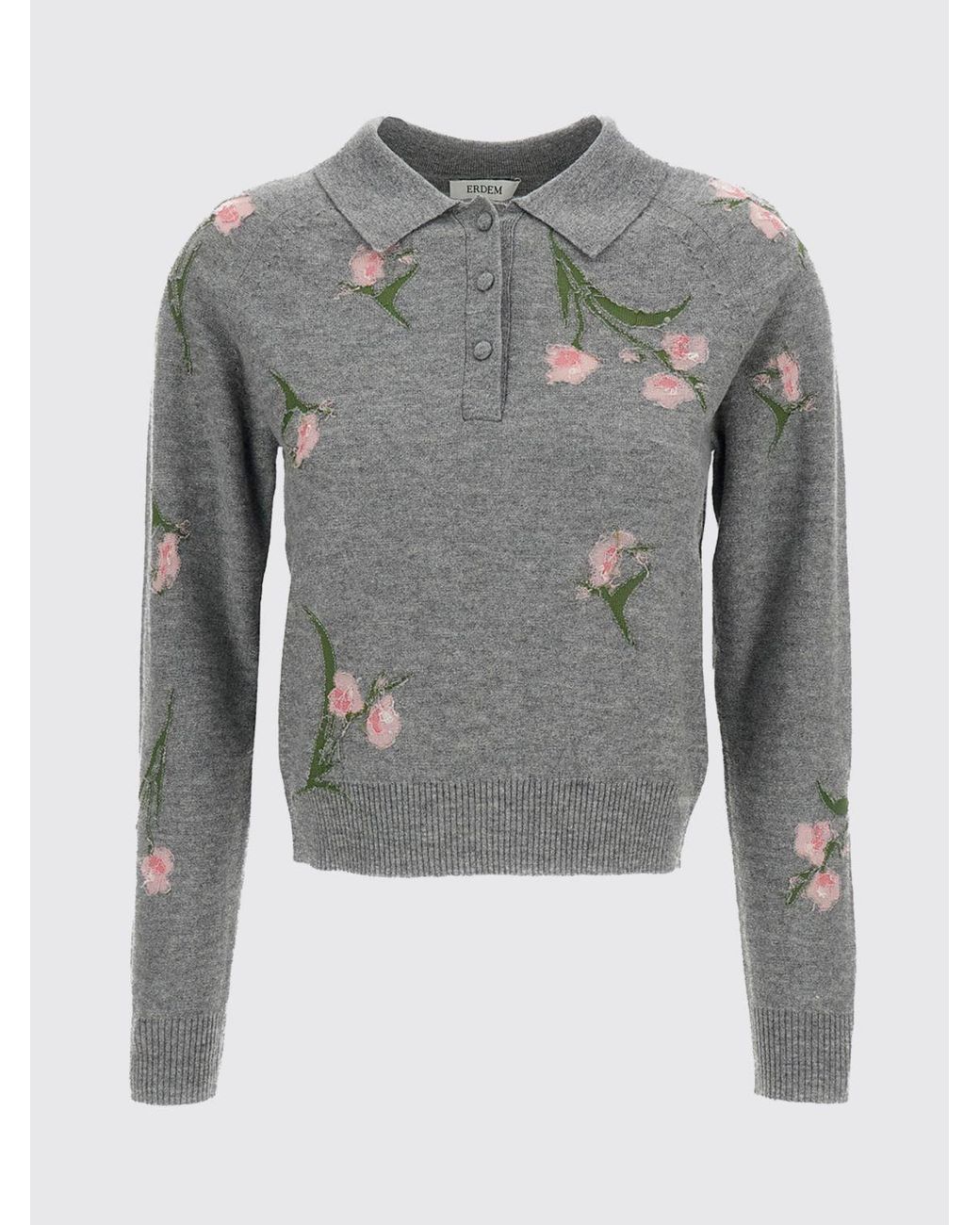 Erdem Gray Floral Long-Sleeved Wool Knit Polo