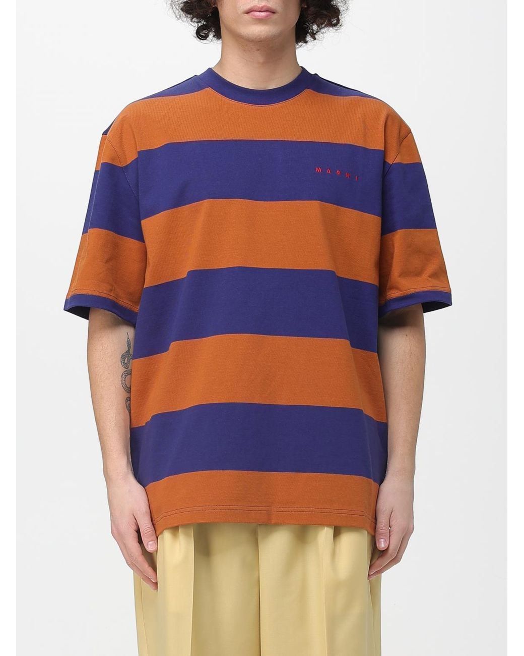 Marni Blue Striped Cotton Crew Neck T-Shirt for men