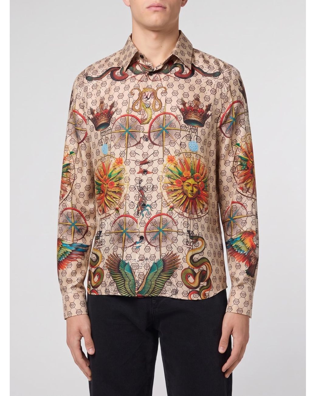 Philipp Plein Natural Silk Shirt With Monogram And Graphic Prints for men