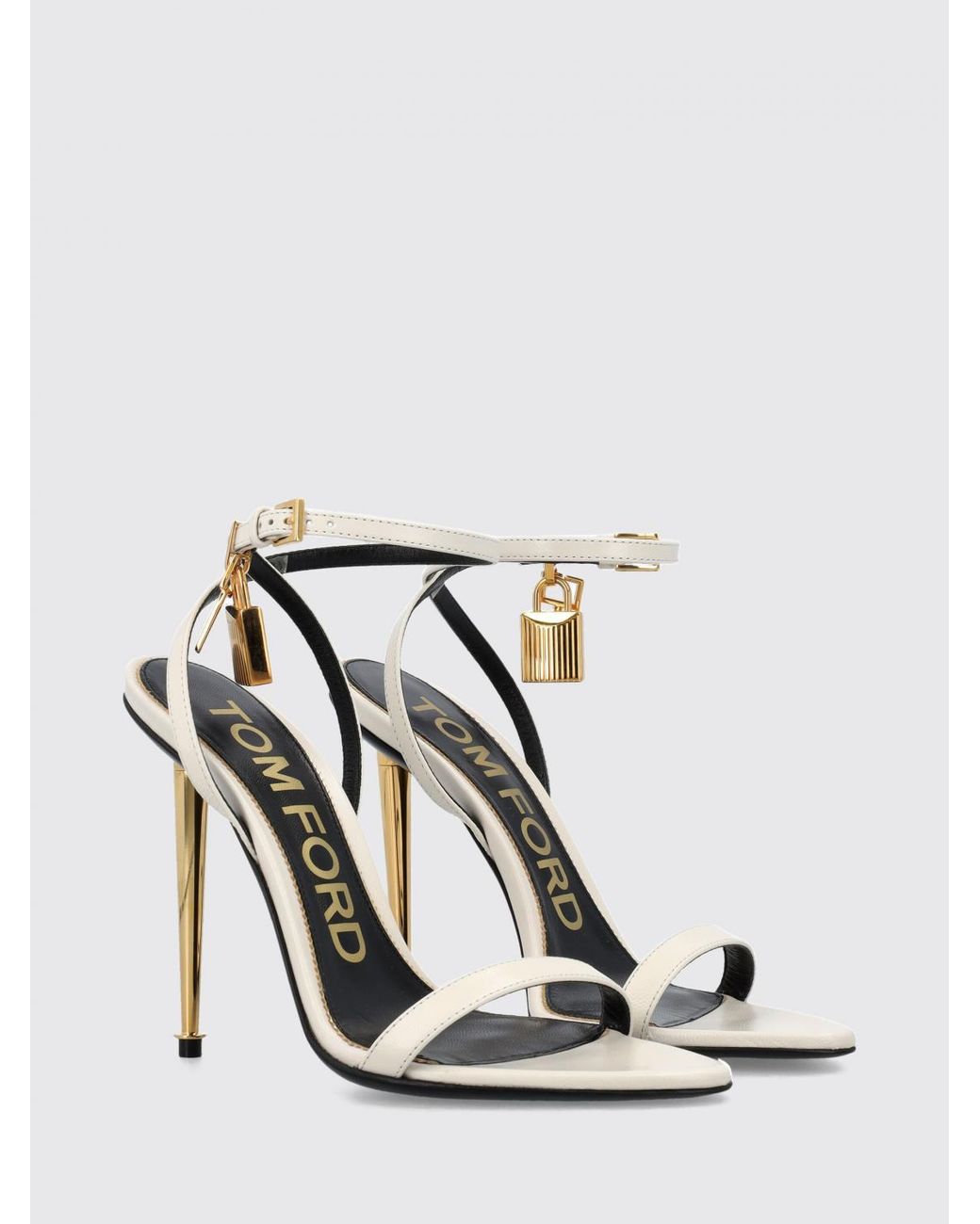 Tom Ford White Padlock Leather Sandals With Stiletto Heel And Ankle Strap