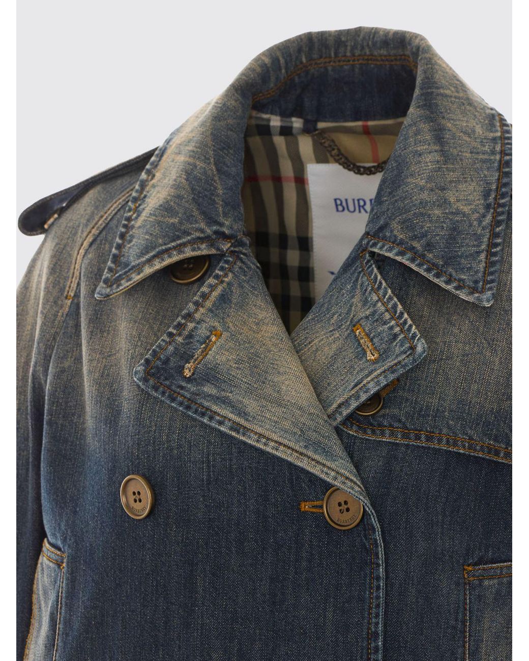 Burberry Blue Double-Breasted Short Vintage Denim Trench Coat With Epaulettes