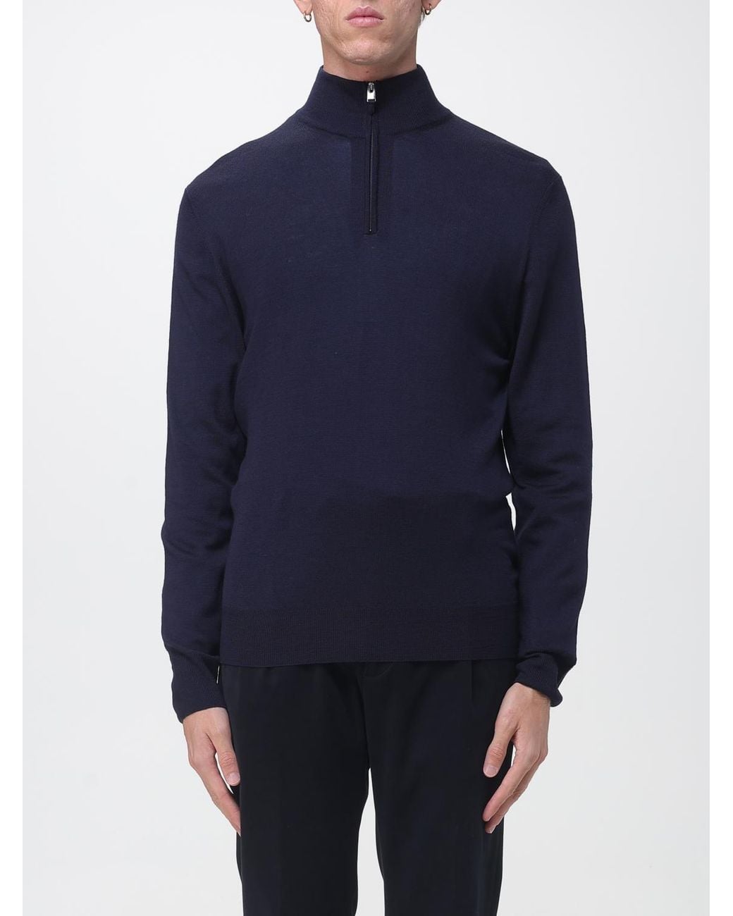 Canali Blue Merino Wool Turtleneck Jumper With Half-Zip Closure for men