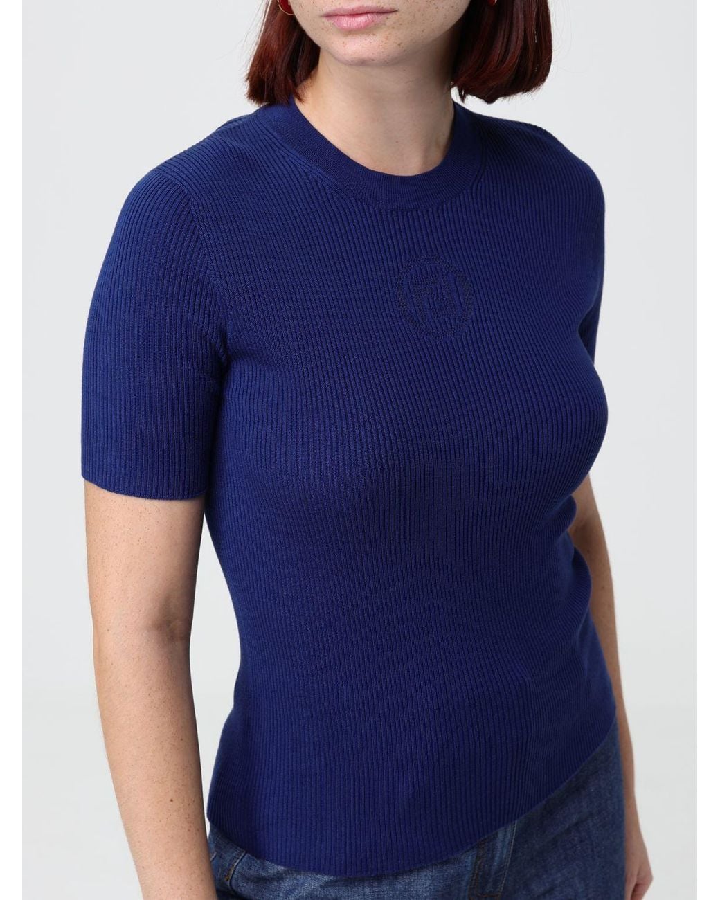 Fendi Blue Ff Monogram Ribbed Cotton Short-Sleeve Knit Top