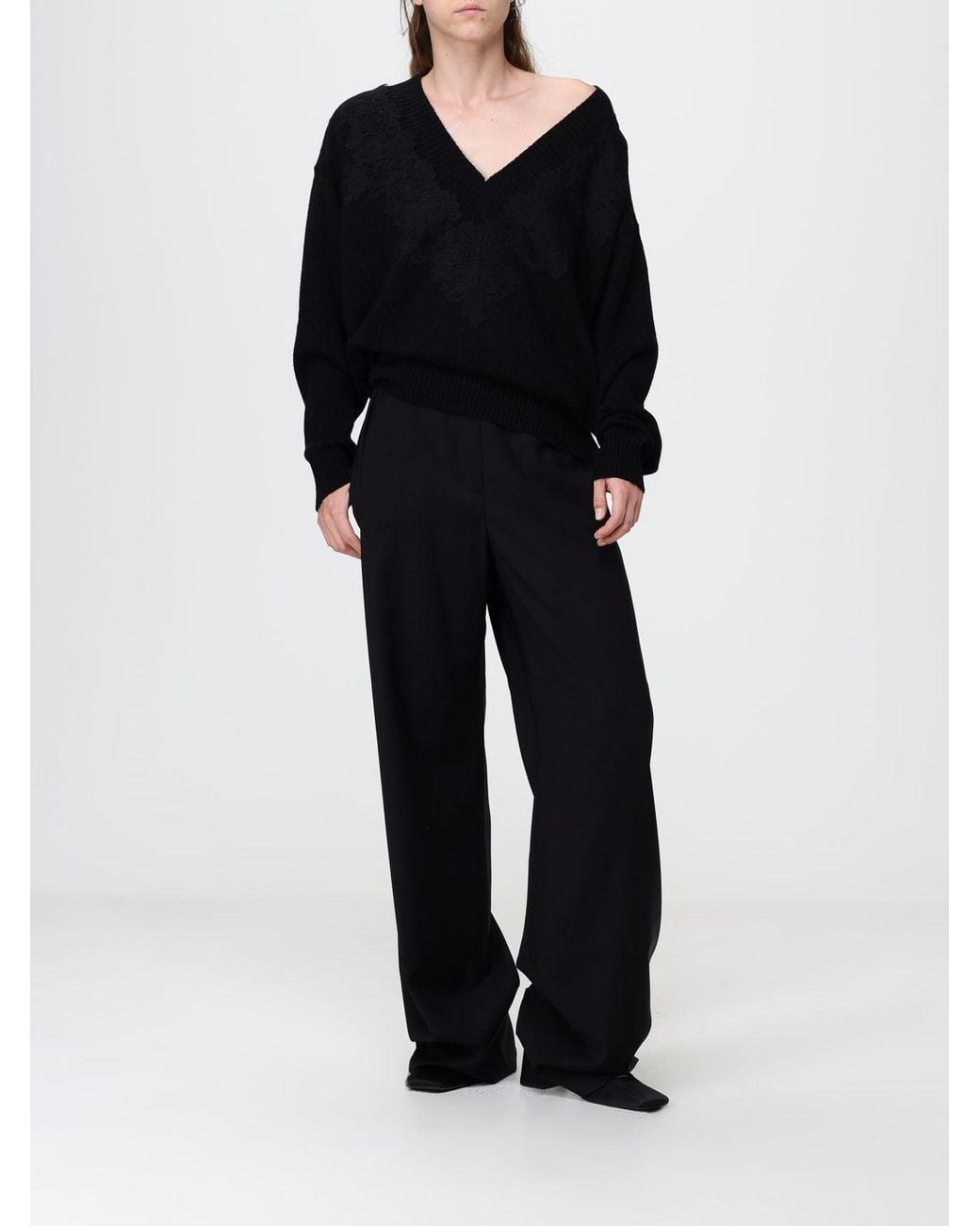 Alberta Ferretti Black V-Neck Jumper With Lace Inserts