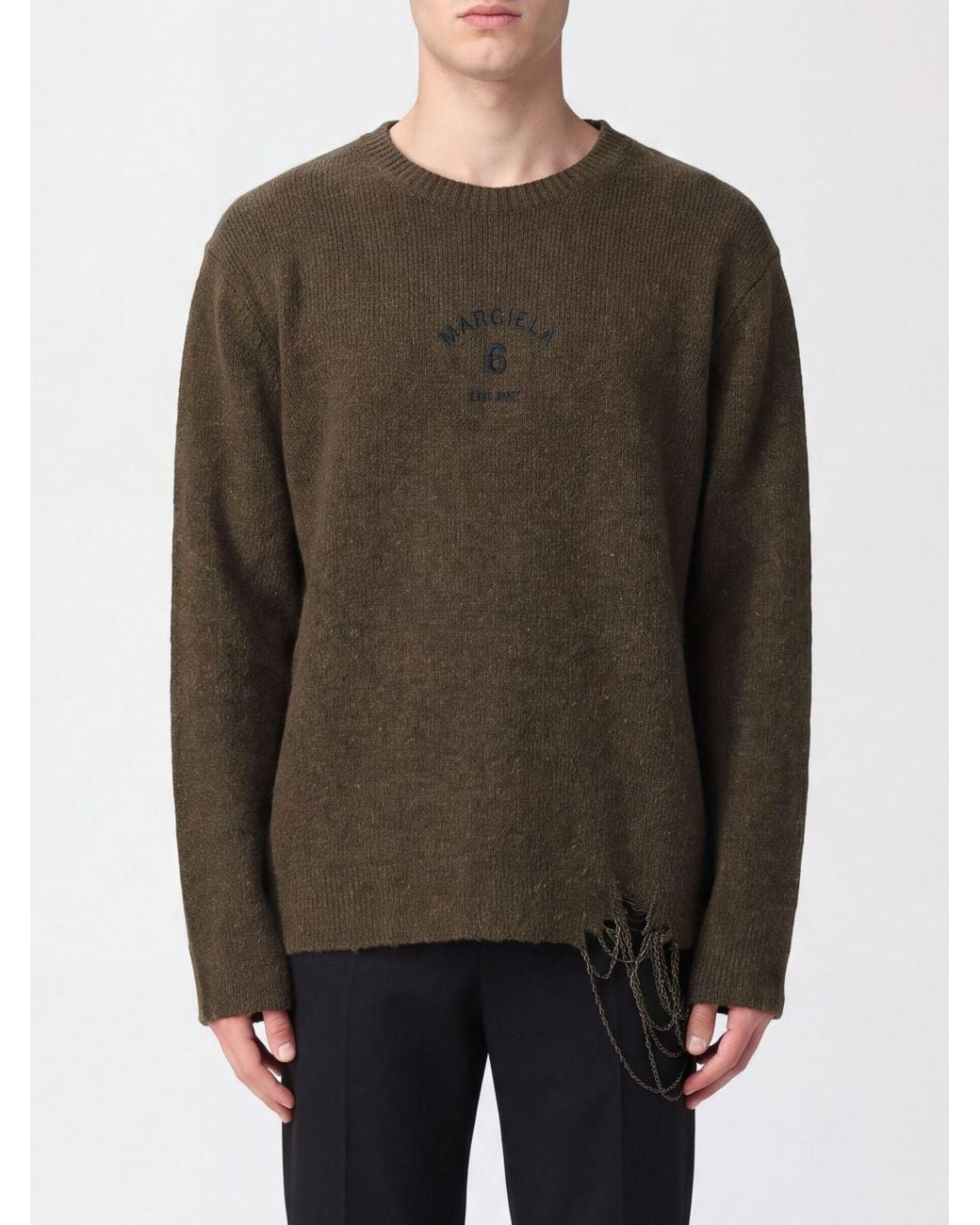 MM6 by Maison Margiela Brown Distressed Wool-Blend Crewneck Jumper With Jacquard Logo for men
