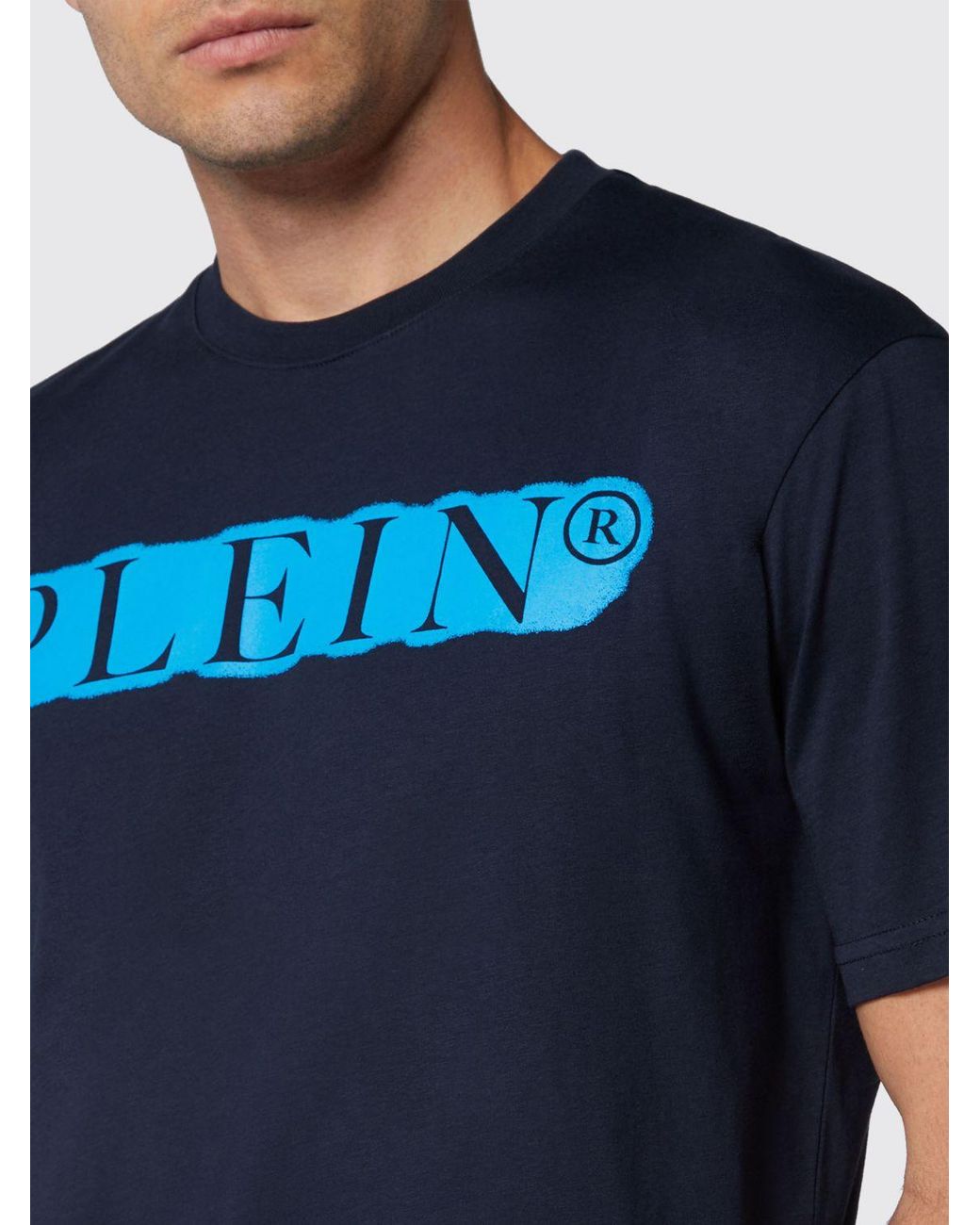 Philipp Plein Blue Cotton Crew Neck T-Shirt With Contrasting Logo Lettering Print for men