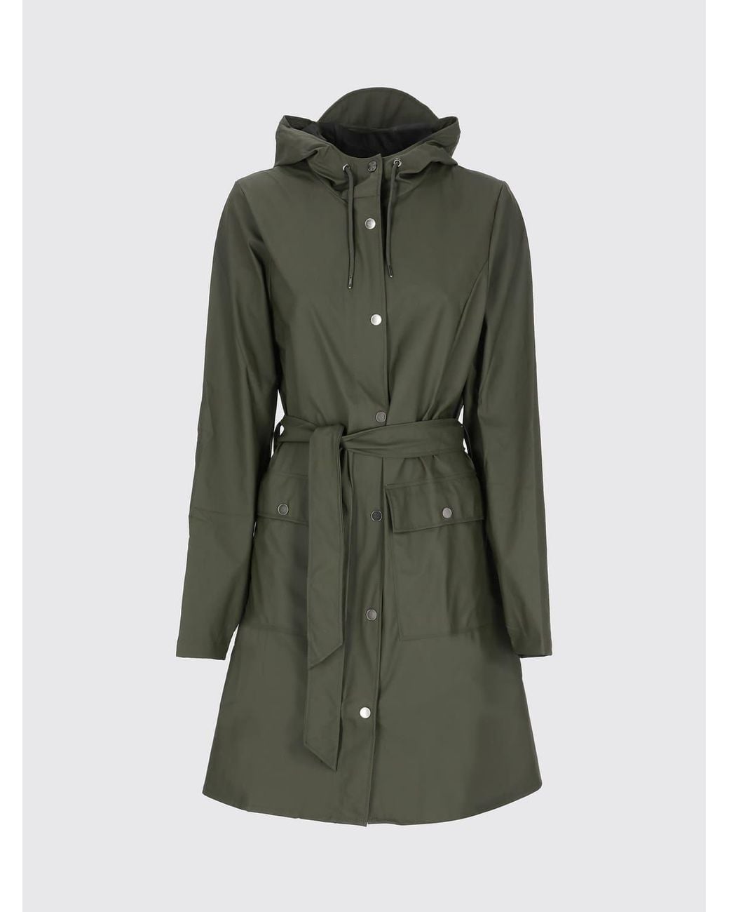 Rains Green Waterproof Hooded Trench Coat With A Tie-Belt Waist