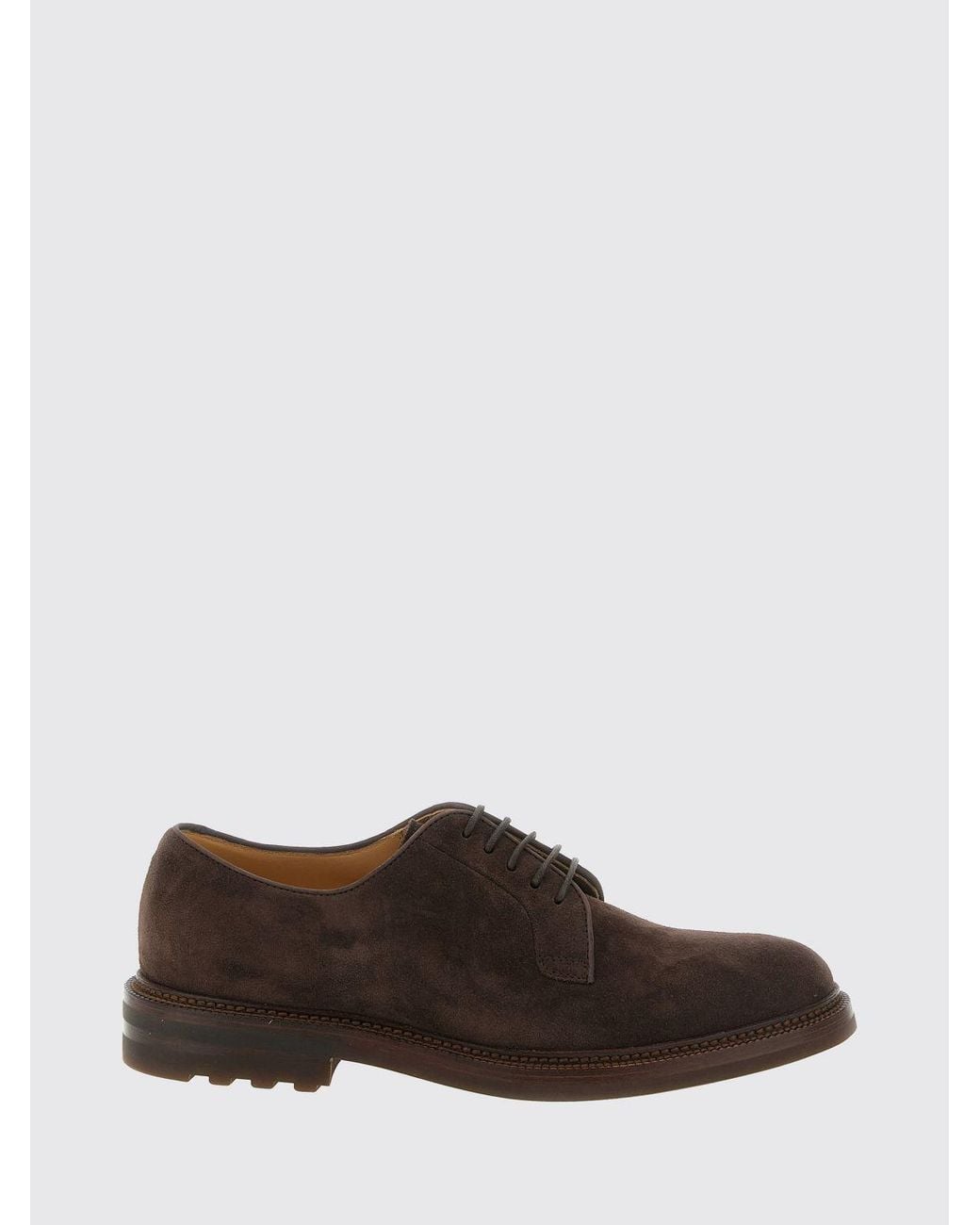 Brunello Cucinelli Brown Suede Calfskin Derby Shoes With Rubber Sole for men