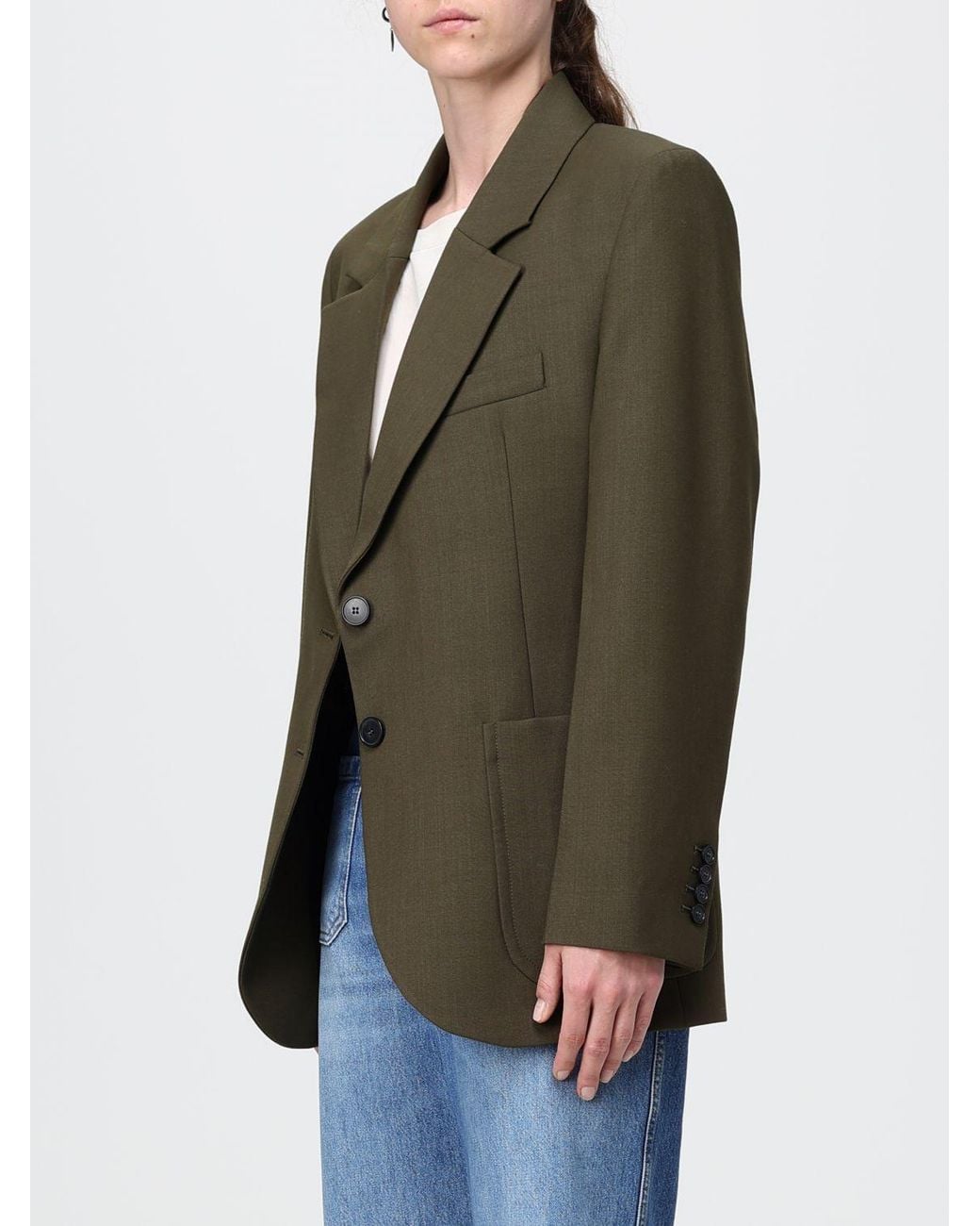 Victoria Beckham Green Single-Breasted Virgin Wool Blazer With Padded Shoulders
