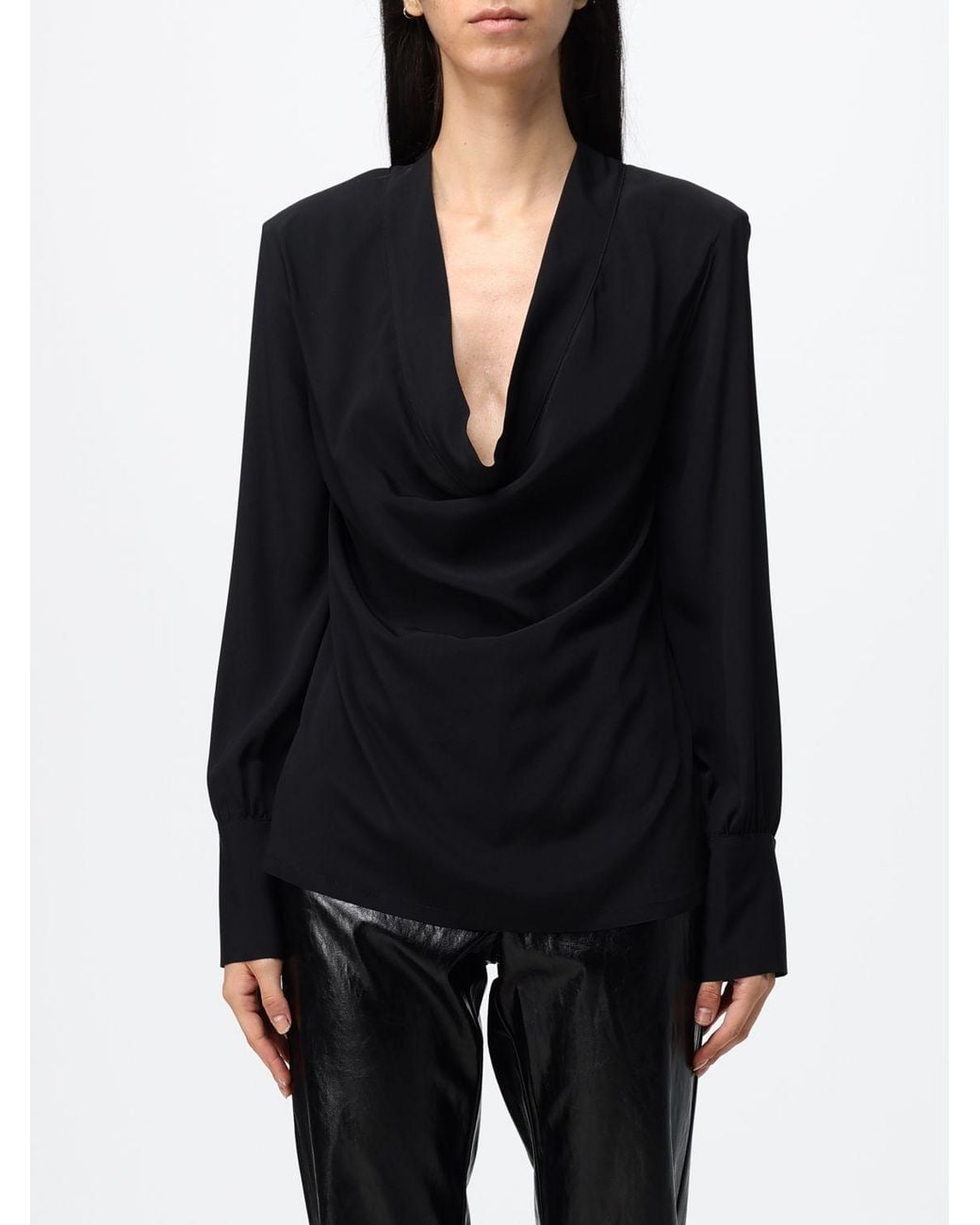 FEDERICA TOSI Black Draped-Neckline Long-Sleeved Silk Top