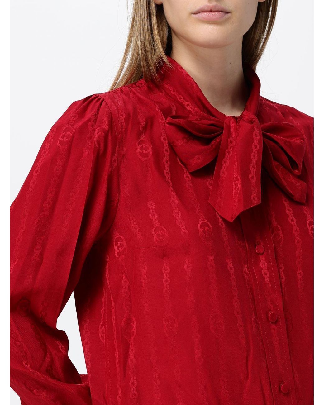 Gucci Red Pure Silk Pussy-Bow Blouse
