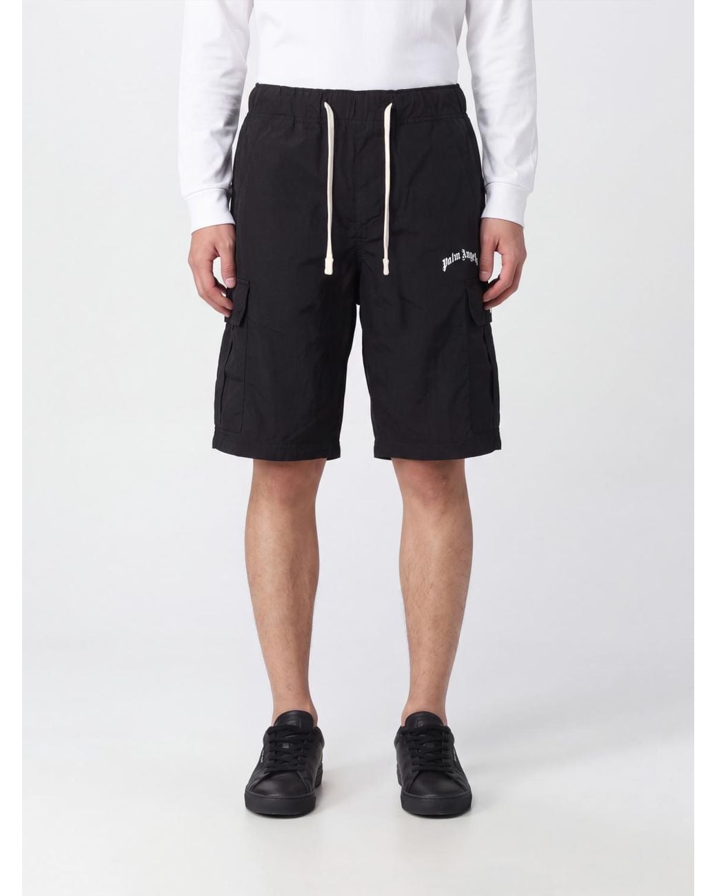 Palm Angels Black Knee-Length Cotton Cargo Shorts With Logo And Drawstring Waist for men