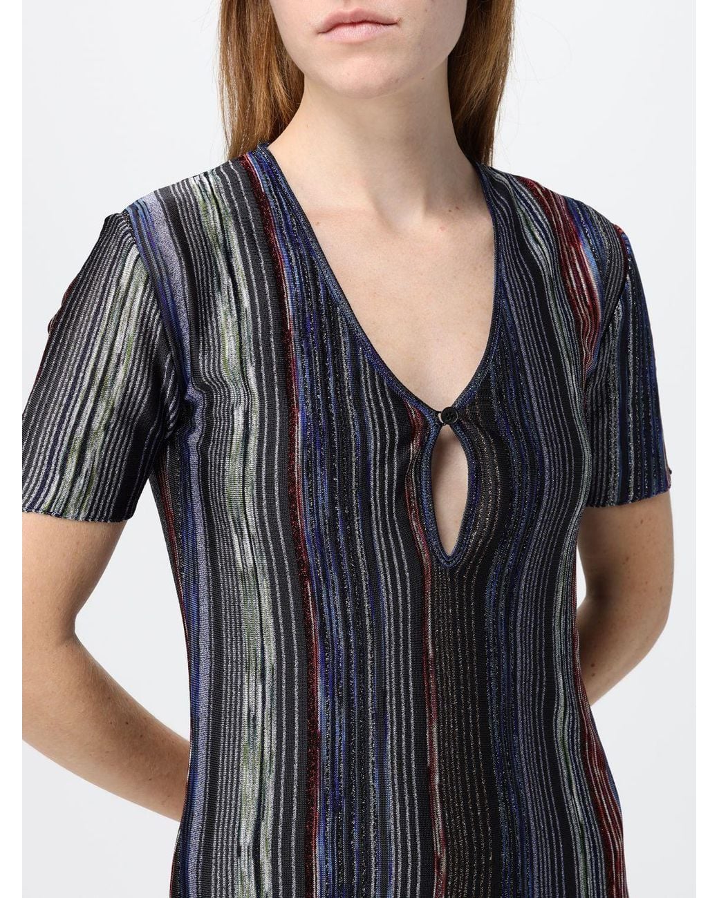 Missoni Blue Striped Lurex Sheath Mini Dress With V-Neck