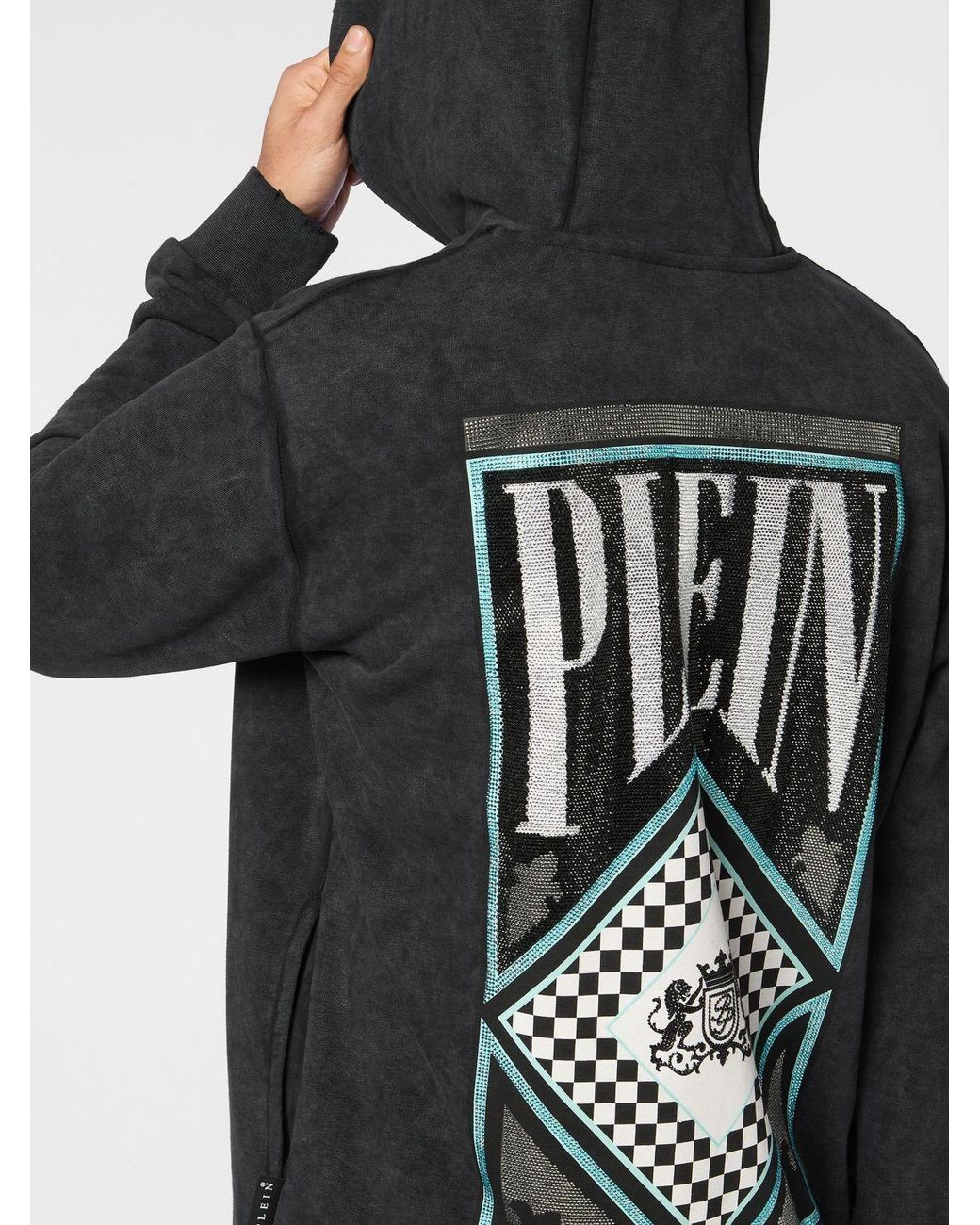 Philipp Plein Black Cotton Hoodie With Rhinestone Logo And Dropped Shoulders for men