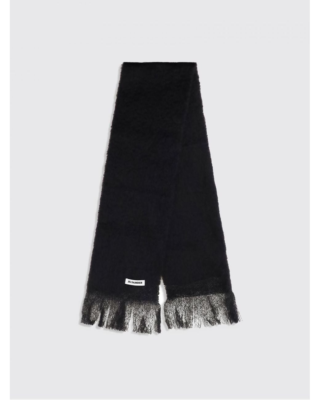 Jil Sander Black Fringed Mohair Wool Blend Scarf With Applied Logo Patch