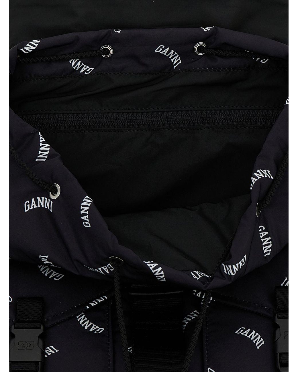 Ganni Black Re-Tech Recycled Nylon Backpack With All-Over Logo