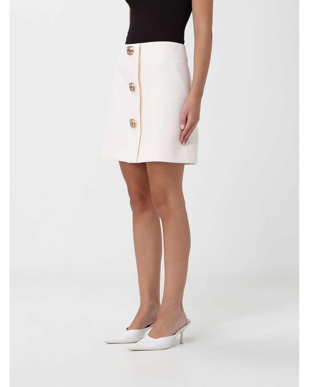 Gucci White High-Waisted Wool Mini Pencil Skirt With Logo Buttons