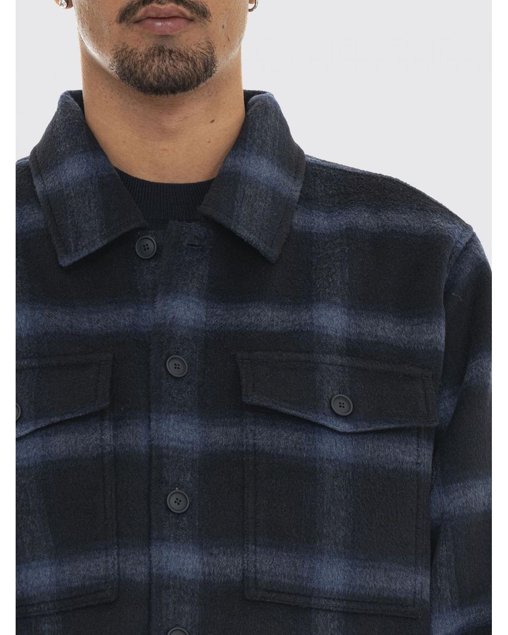 Boss Blue Losky Check Wool-Blend Overshirt With Patch Pockets for men
