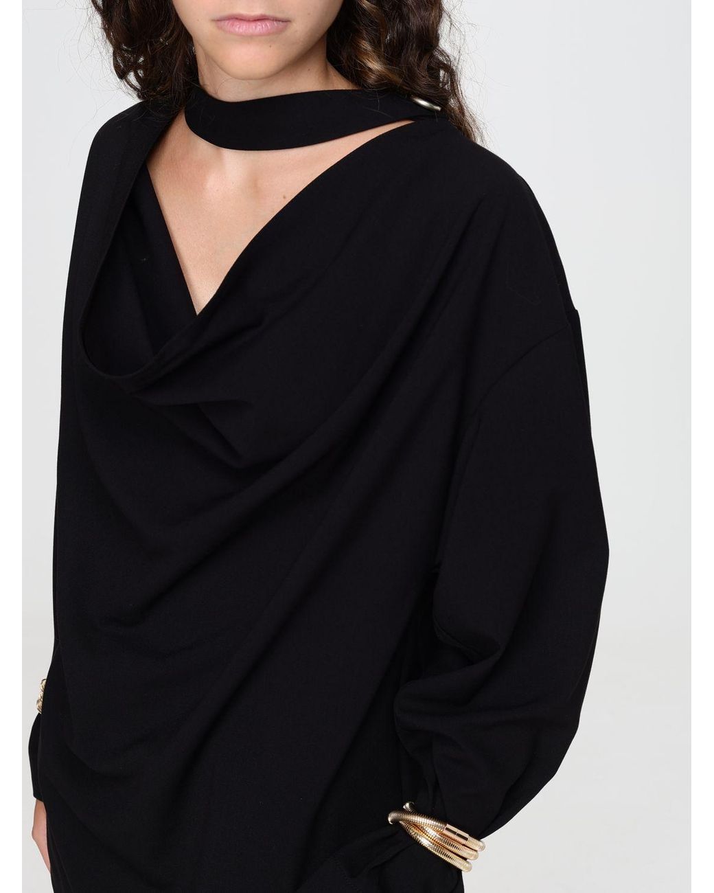SIMONA CORSELLINI Black Draped Satin Blouse With Ring-Detail Neckline