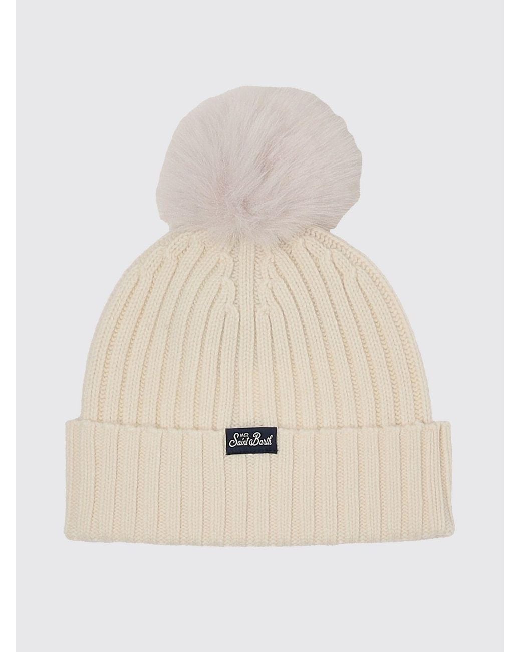 Mc2 Saint Barth Natural Wool And Cashmere Blend Beanie With Pom-Pom And Slogan