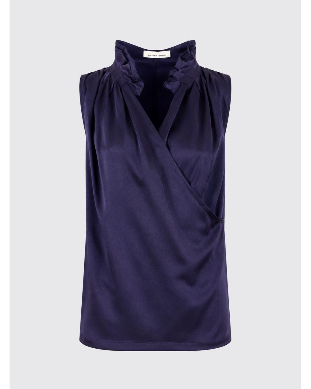 Liviana Conti Purple Sleeveless Draped Satin Blouse With Ruffled Collar