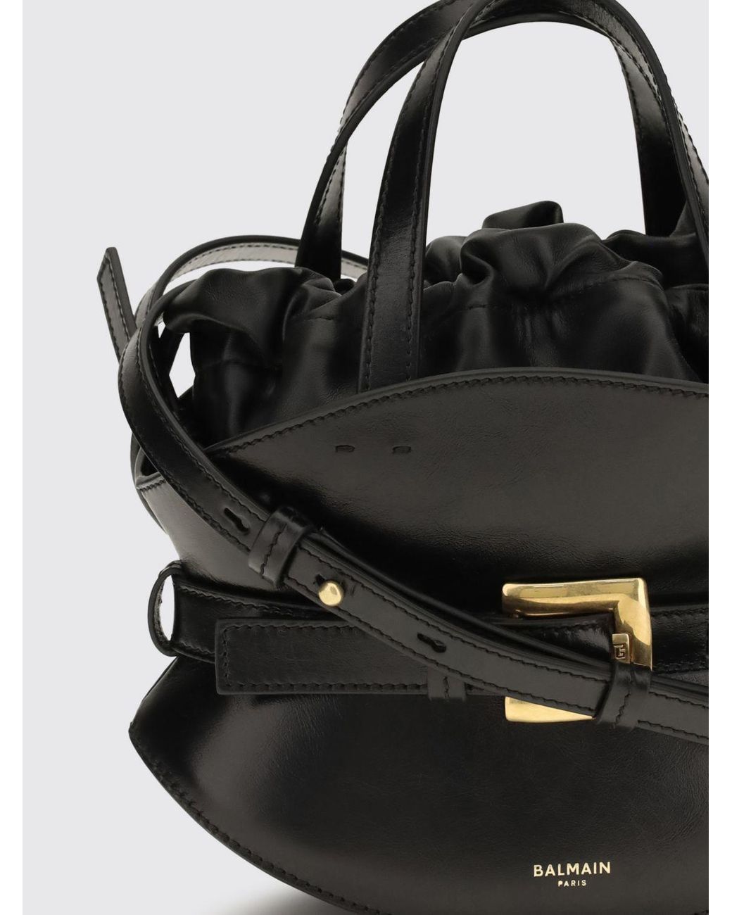 Balmain Black Shuffle Leather Hourglass Handbag With Drawstring Closure