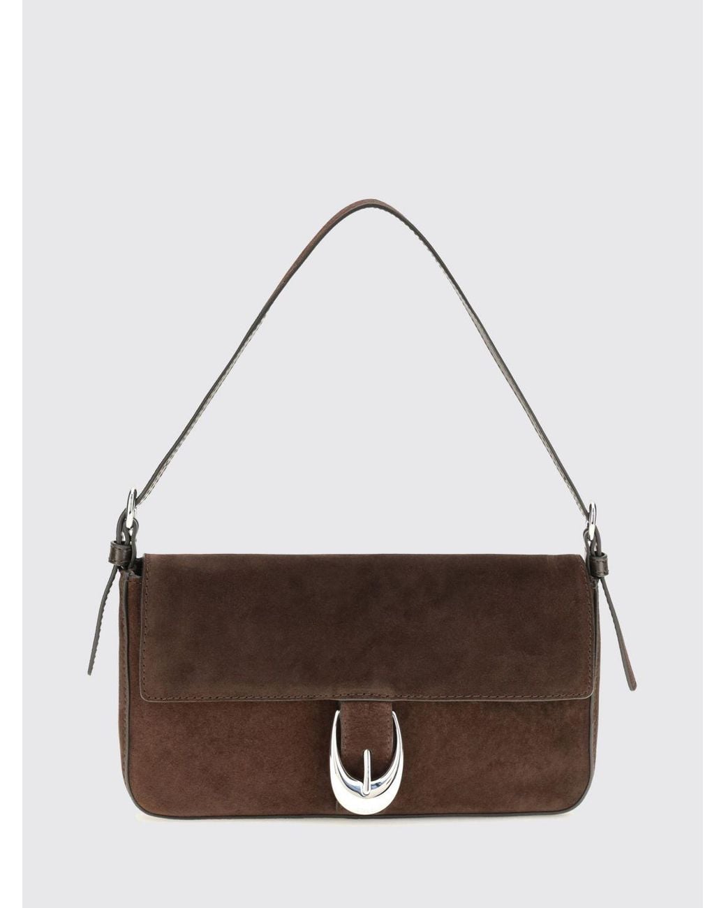 Staud Brown Harlow Suede Calfskin Shoulder Bag With Flap Closure