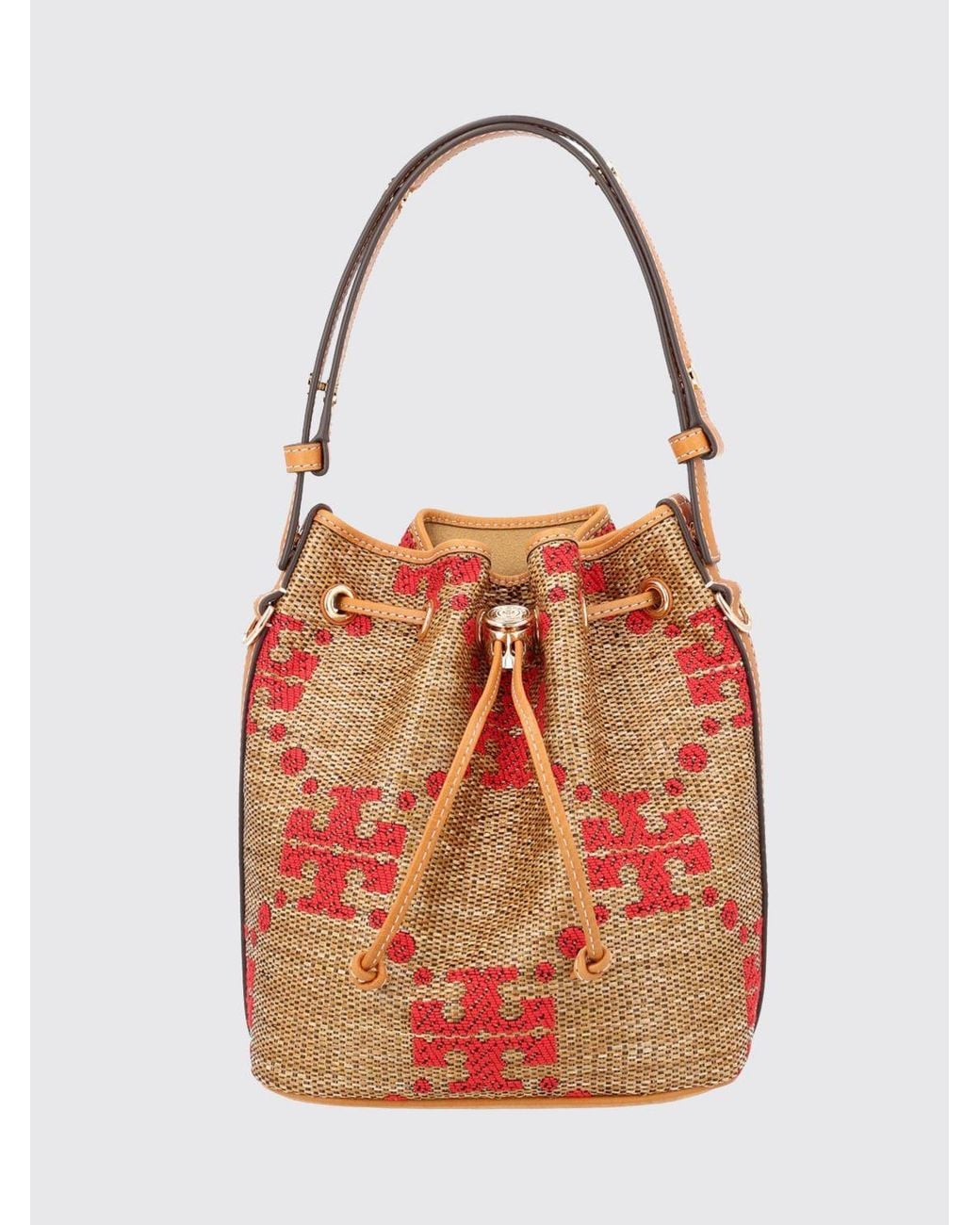 Tory Burch Red T Monogram Mini Raffia Bucket Bag With Jacquard Logo