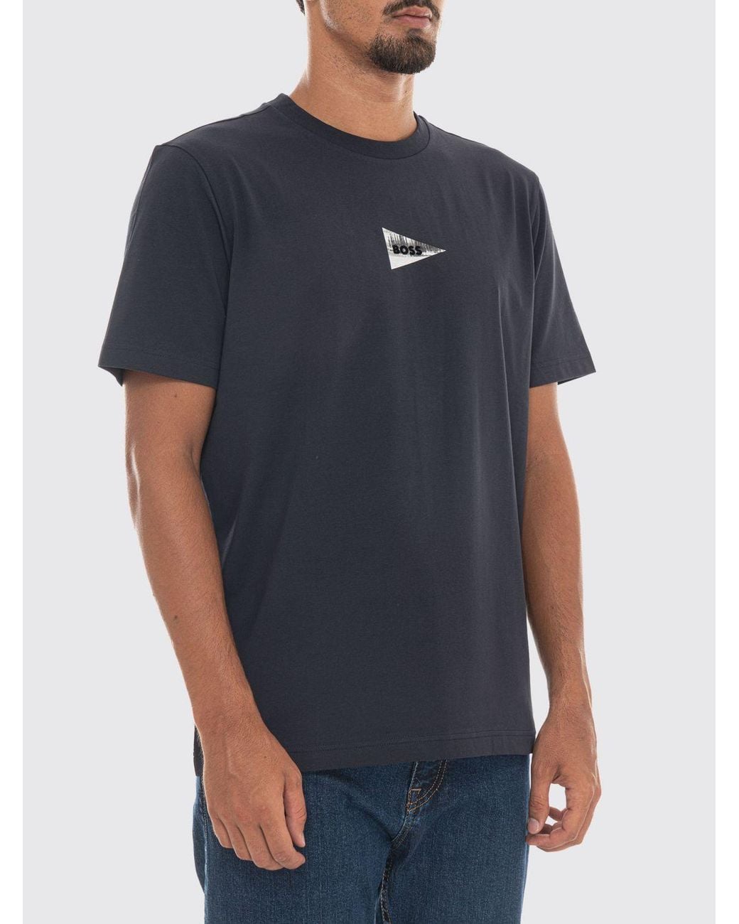 Boss Blue Cotton T-Shirt With Contrasting Graphic Print And Logo for men