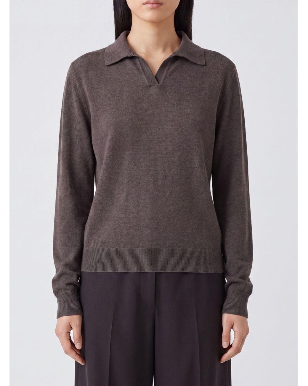 The Row Gray Wool And Silk-Blend V-Neck Long-Sleeved Knitted Polo
