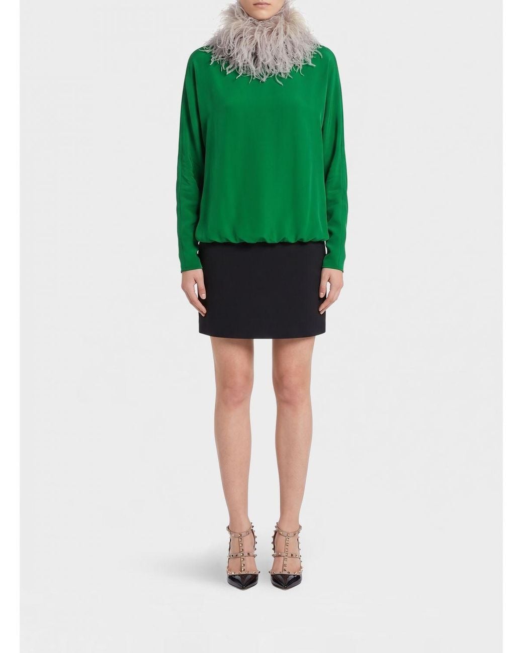 Valentino Garavani Green Sheath Silk Mini Dress With High Neck And Decorative Feathers