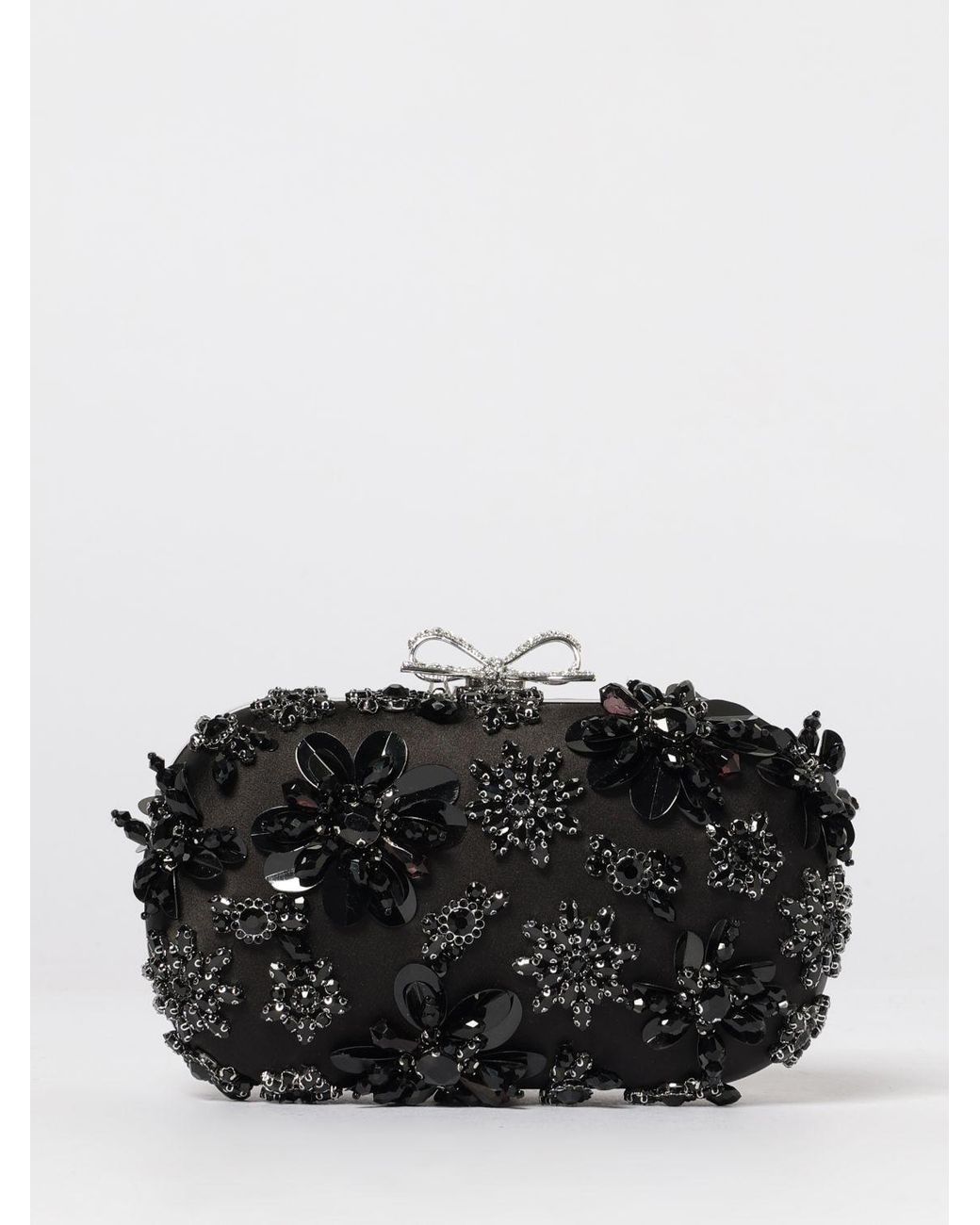 Self-Portrait Black Floral Crystal Satin Clutch