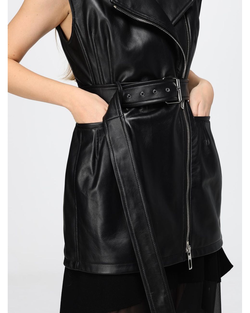 Sportmax Black Cropped Leather Biker Waistcoat With An Adjustable Waist Belt