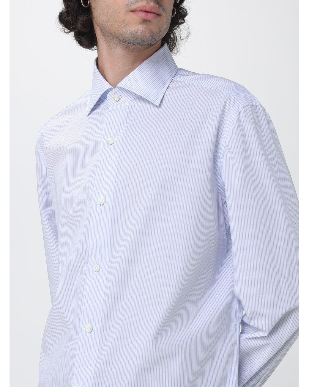 Luigi Borrelli Napoli White Luciano Long-Sleeve Striped Cotton Shirt With French Collar for men