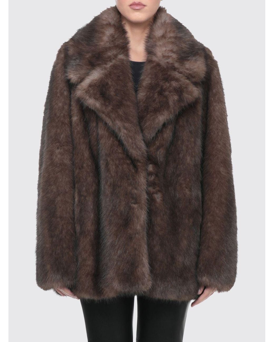 Stand Studio Brown Short Faux Fur Coat With A Relaxed Fit And Classic Collar