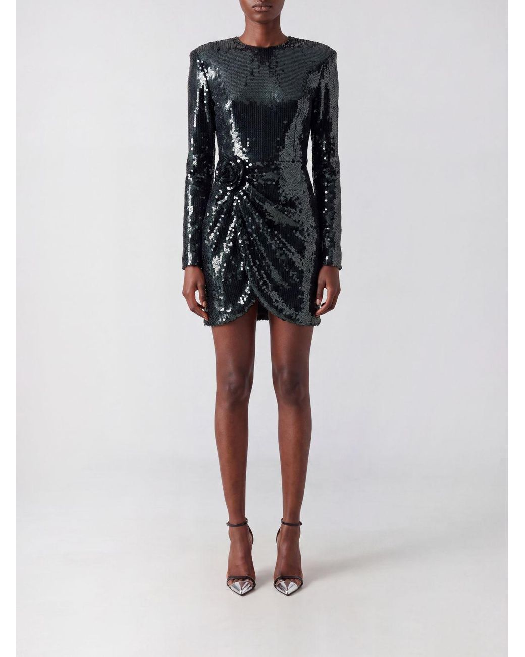 ROTATE BIRGER CHRISTENSEN Black Sequin-Covered Evening Mini Dress With Waist Knot