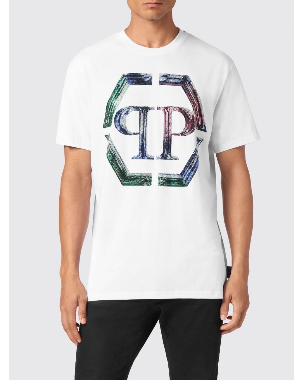 Philipp Plein White Cotton T-Shirt With Monogram And Rhinestone Hexagon Logo for men