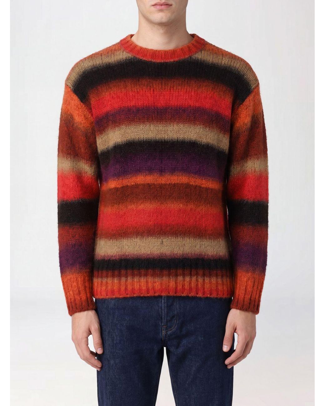Kangra Red Multicolour Striped Wool Crewneck Sweater for men