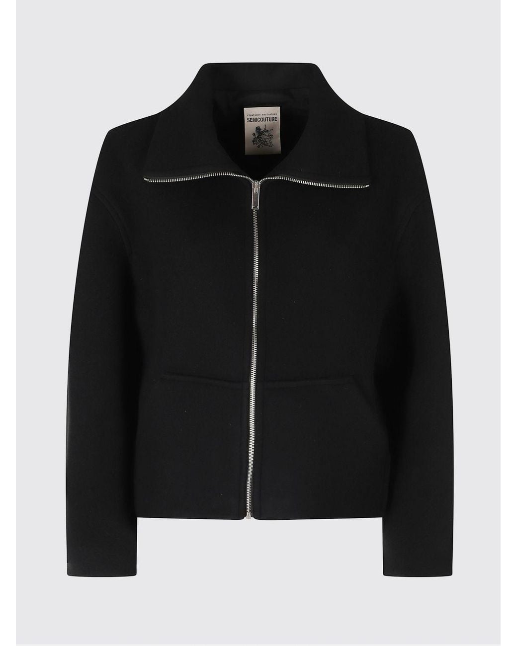 Semicouture Blue Virgin Wool Short Coat With High Collar And Kangaroo Pocket