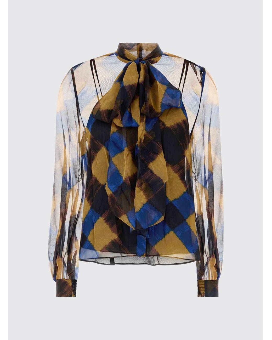 Diane von Furstenberg Blue Diamond Pattern Silk Pussy-Bow Shirt