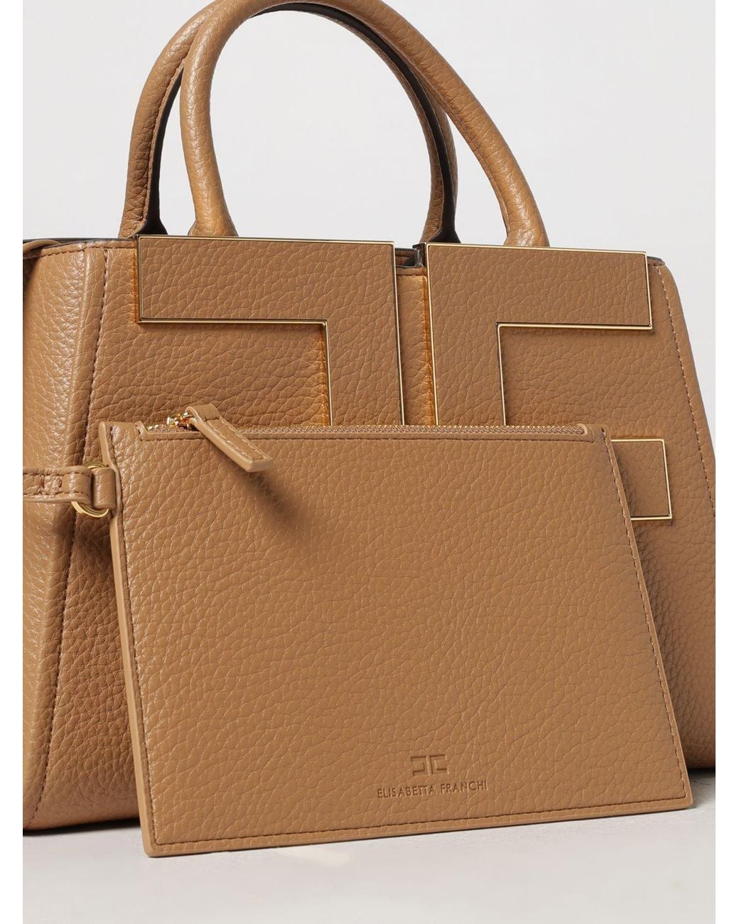 Elisabetta Franchi Natural Flared Tote Bag With Metal Logo And Inner Pouch
