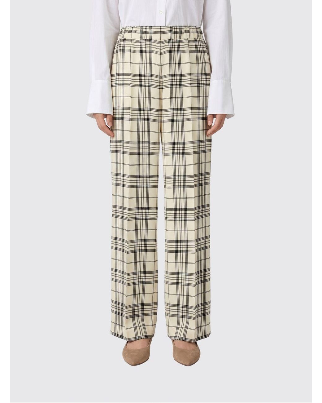 Jil Sander Natural High-Waisted Check Print Wide-Leg Viscose Trousers