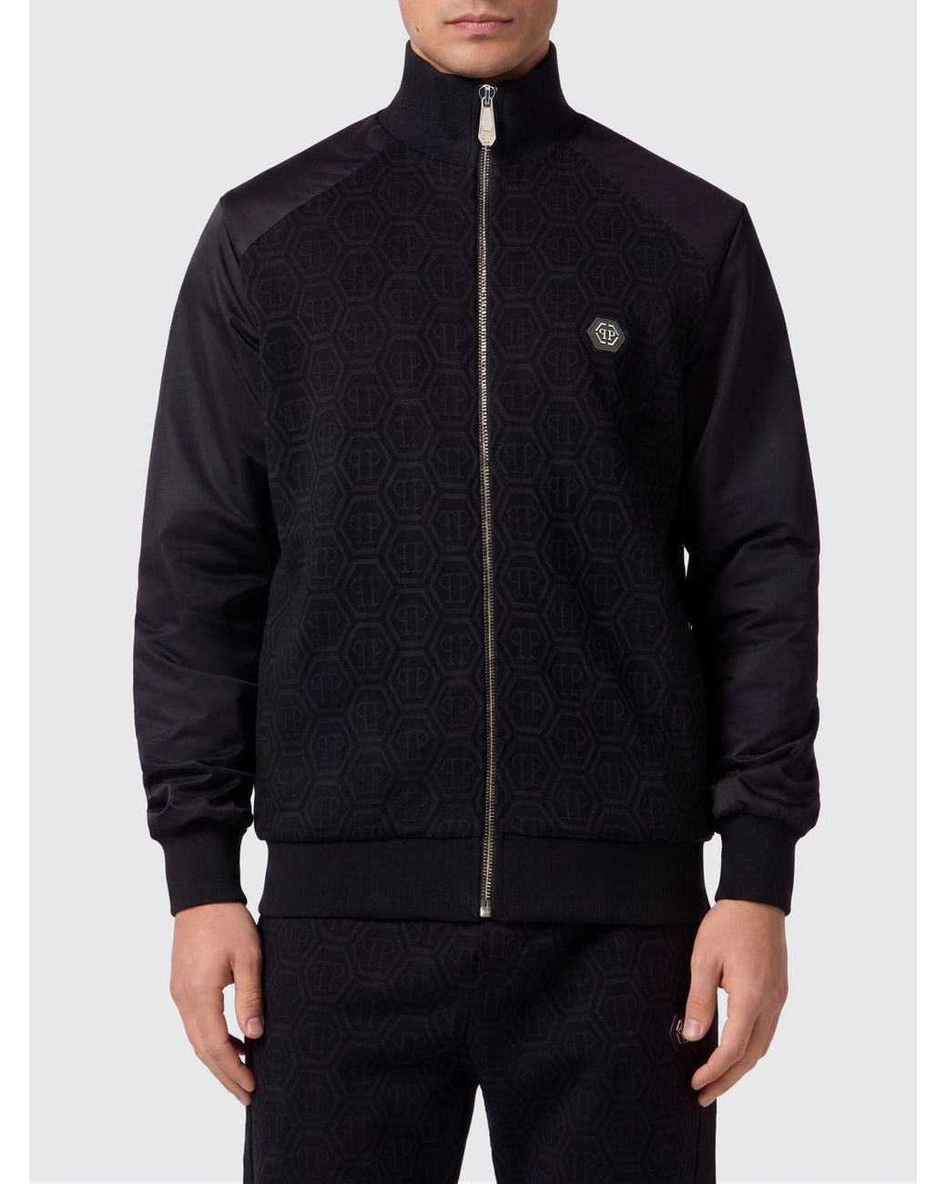 Philipp Plein Blue Hexagon Logo High Neck Zipped Cotton-Blend Sweatshirt for men