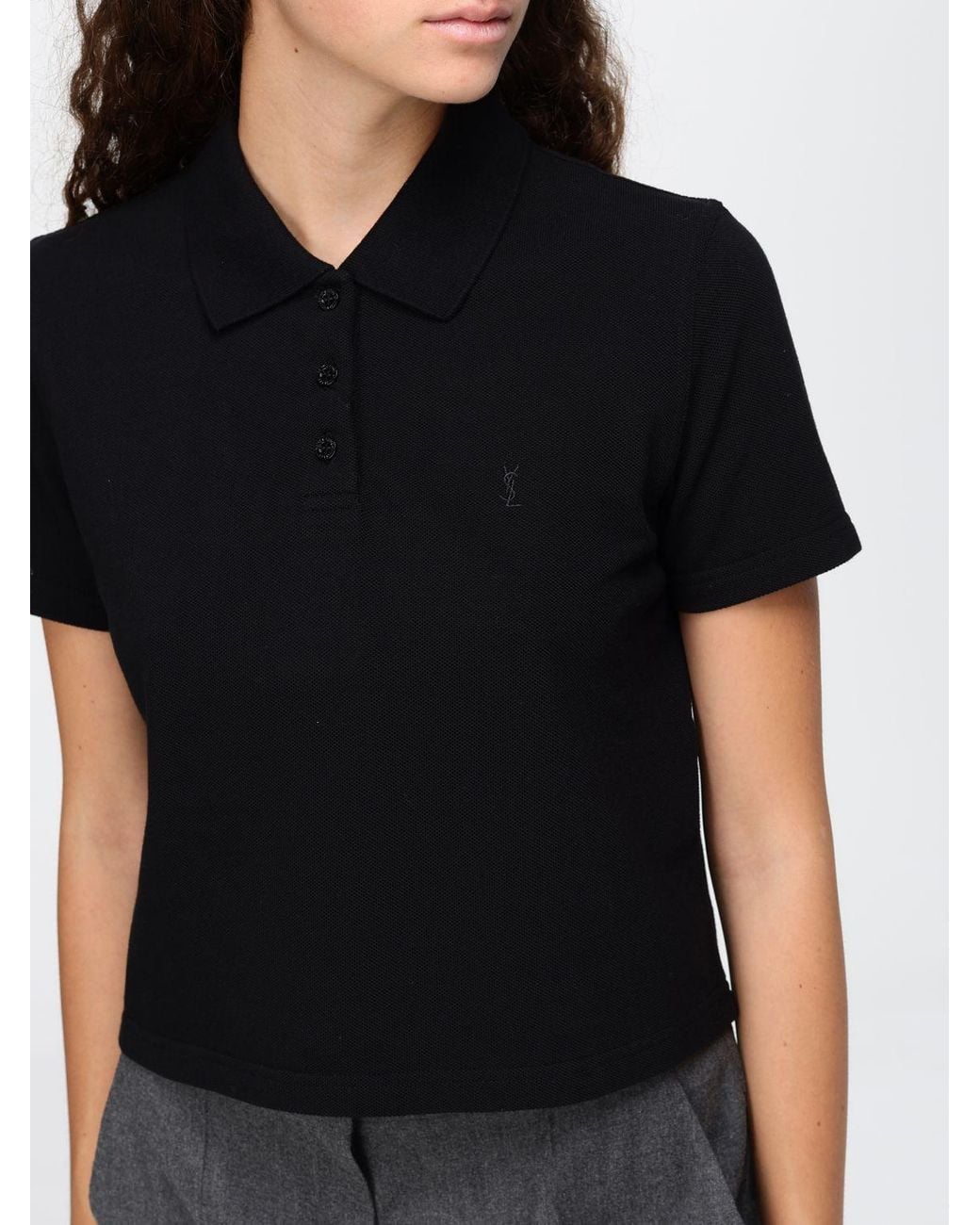 Saint Laurent Black Cotton Polo Shirt With Embroidered Ysl Monogram