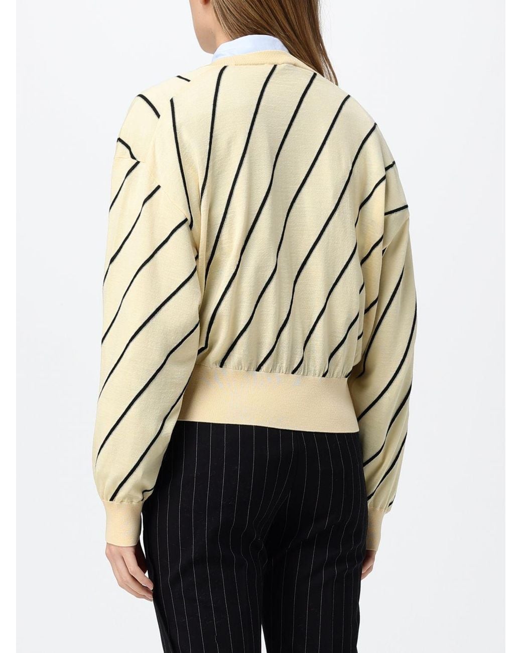 Versace Natural Striped Wool Blend Cardigan With Contrasting Logo And V-Neck