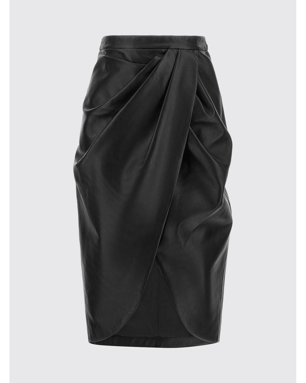 Balmain Black Draped Asymmetric Lambskin Leather Midi Skirt