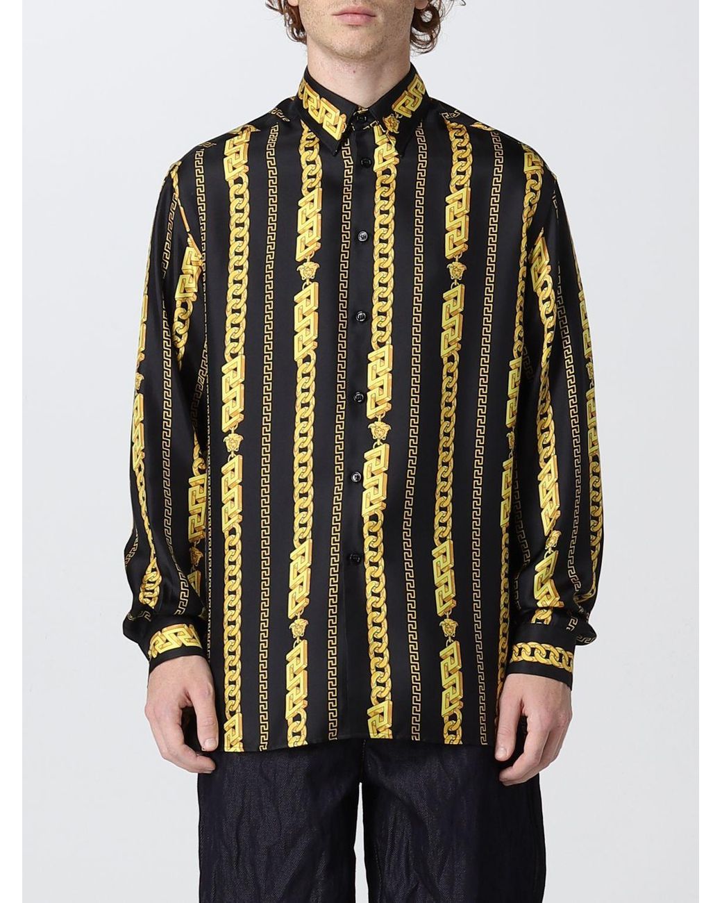Versace Chain Pinstripe Silk Shirt in Black for Men | Lyst
