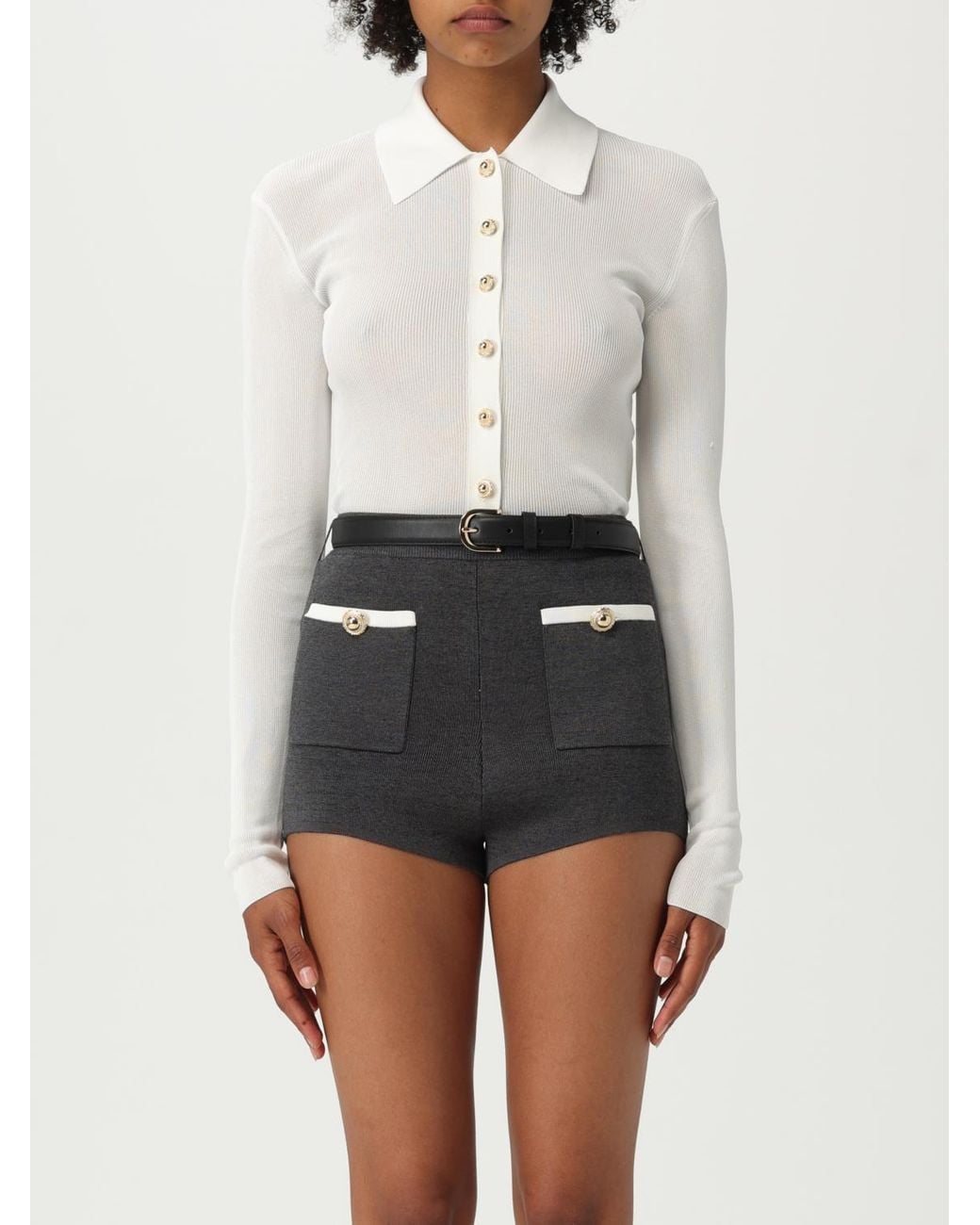 Self-Portrait White Ribbed Knit Collared Button-Up Top With Long Sleeves For Stylish Comfort